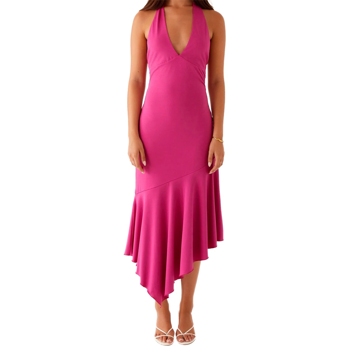 Elegant Sleeveless Halter Neck Dress with Open Back and Pleated Hem