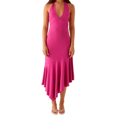 Elegant Sleeveless Halter Neck Dress with Open Back and Pleated Hem