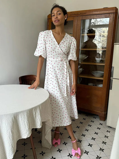 Casual Floral Printed Cotton Dress V-neck Short Sleeve Tunics Lace-up