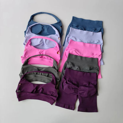 2 Pieces Yoga Suit Halter Sports Bra Matching Impact Shorts