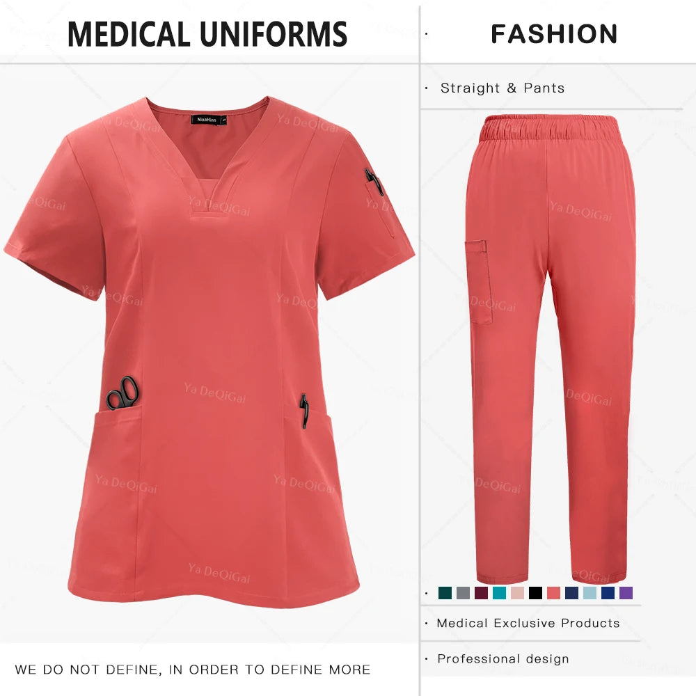 Anti-Wrinkle  Washable Medical Scrubs Sets Blouse Pockets Straight Pants