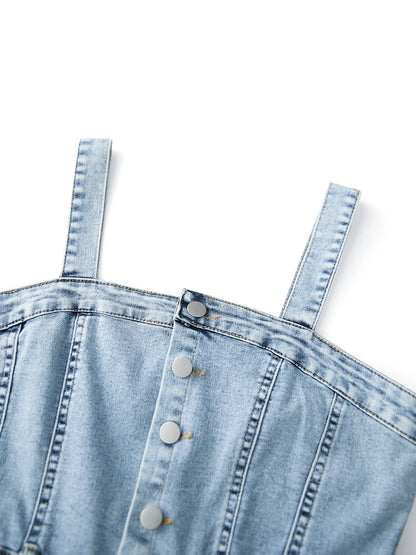 Sleeveless Denim Jumpsuit with Button Up Front and Square Neckline  Mini Dress