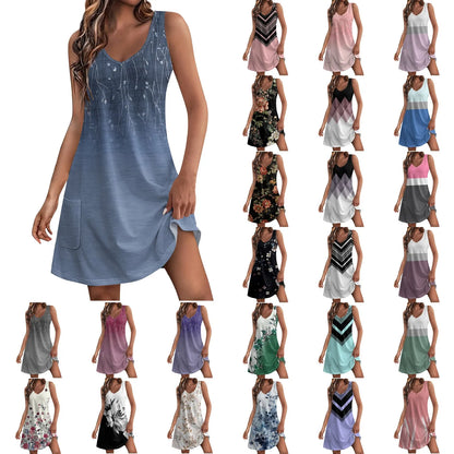 Casual Print With Pockets V Neck Tank Dress