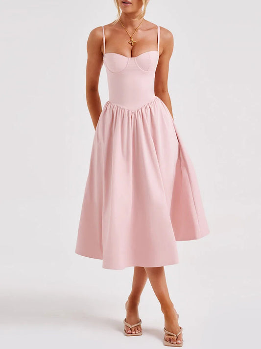 Midi Cami Dress Solid Color Sleeveless Backless Flowy Party Dresses