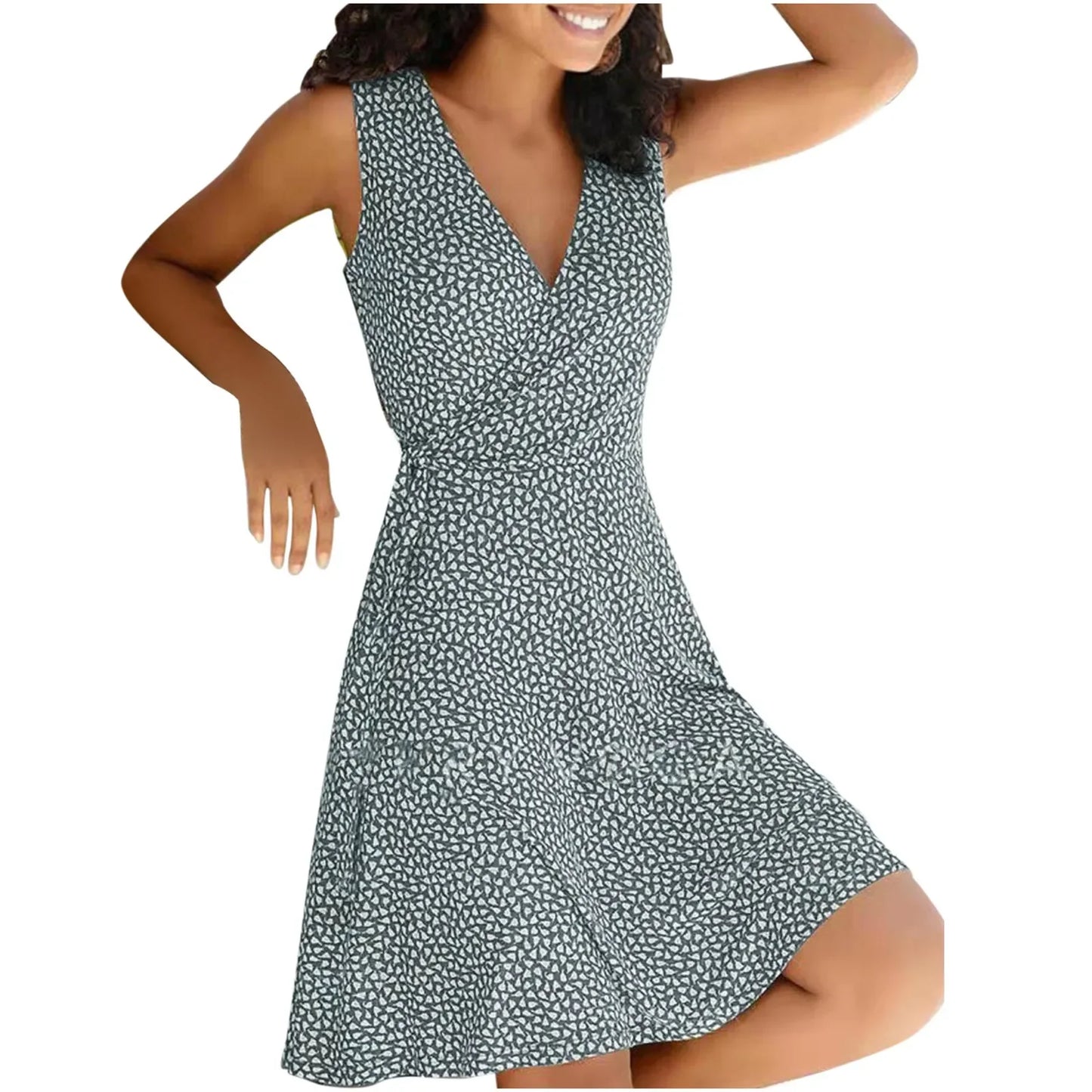 Casual Plus Size Floral Wrap V Neck Midi Dress A Line Swing Cap Sleeve