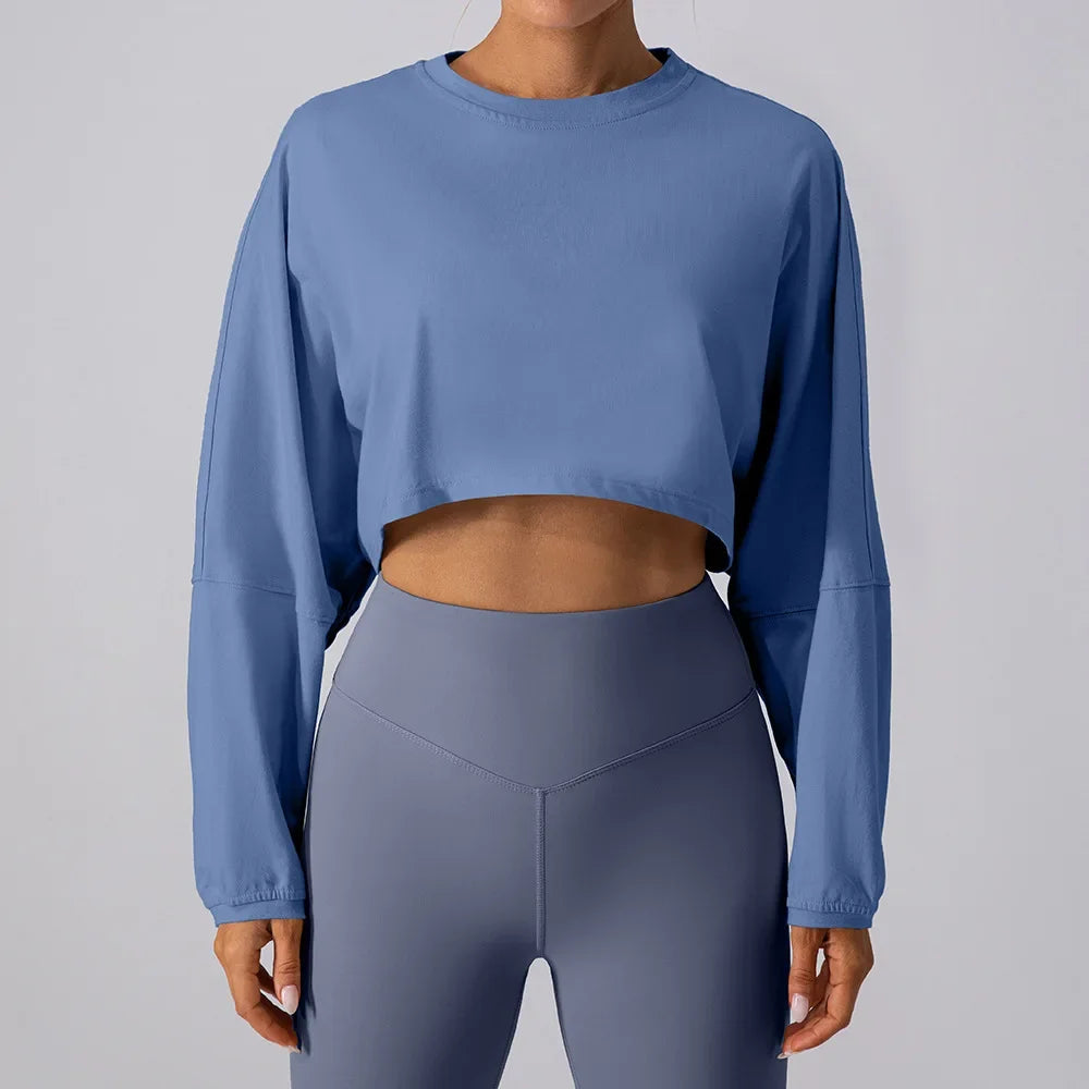 Women Sports Crop Top Long Sleeve T-Shirts Yoga Loose Tops