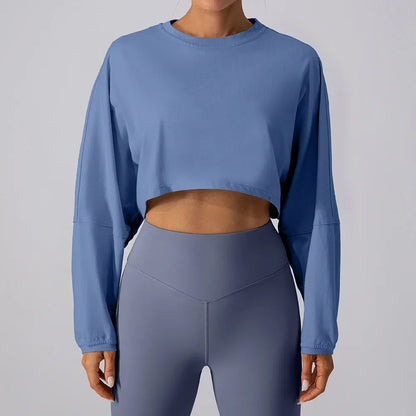 Women Sports Crop Top Long Sleeve T-Shirts Yoga Loose Tops