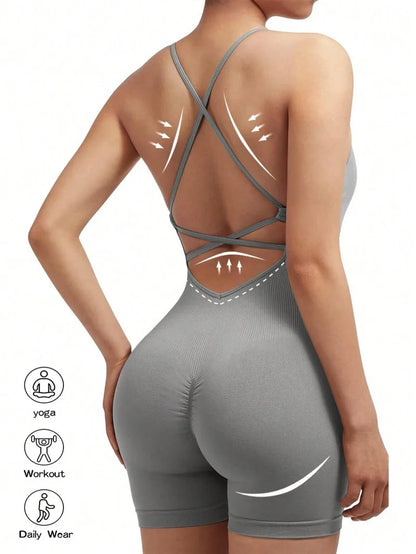 Sexy Fitness Jumpsuit Scrunch Shorts Backless Set Romper