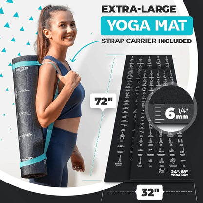 Instructional Yoga Mat with Poses Printed On It & Carrying Strap - 75 Illustrated Poses & 75 Stretches