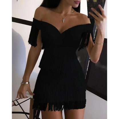 Evening Dresses Sexy Big V Neck One-shoulder Fringed Skirt