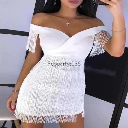 Evening Dresses Sexy Big V Neck One-shoulder Fringed Skirt