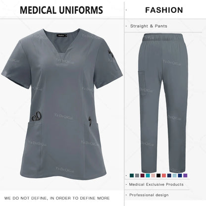 Anti-Wrinkle  Washable Medical Scrubs Sets Blouse Pockets Straight Pants