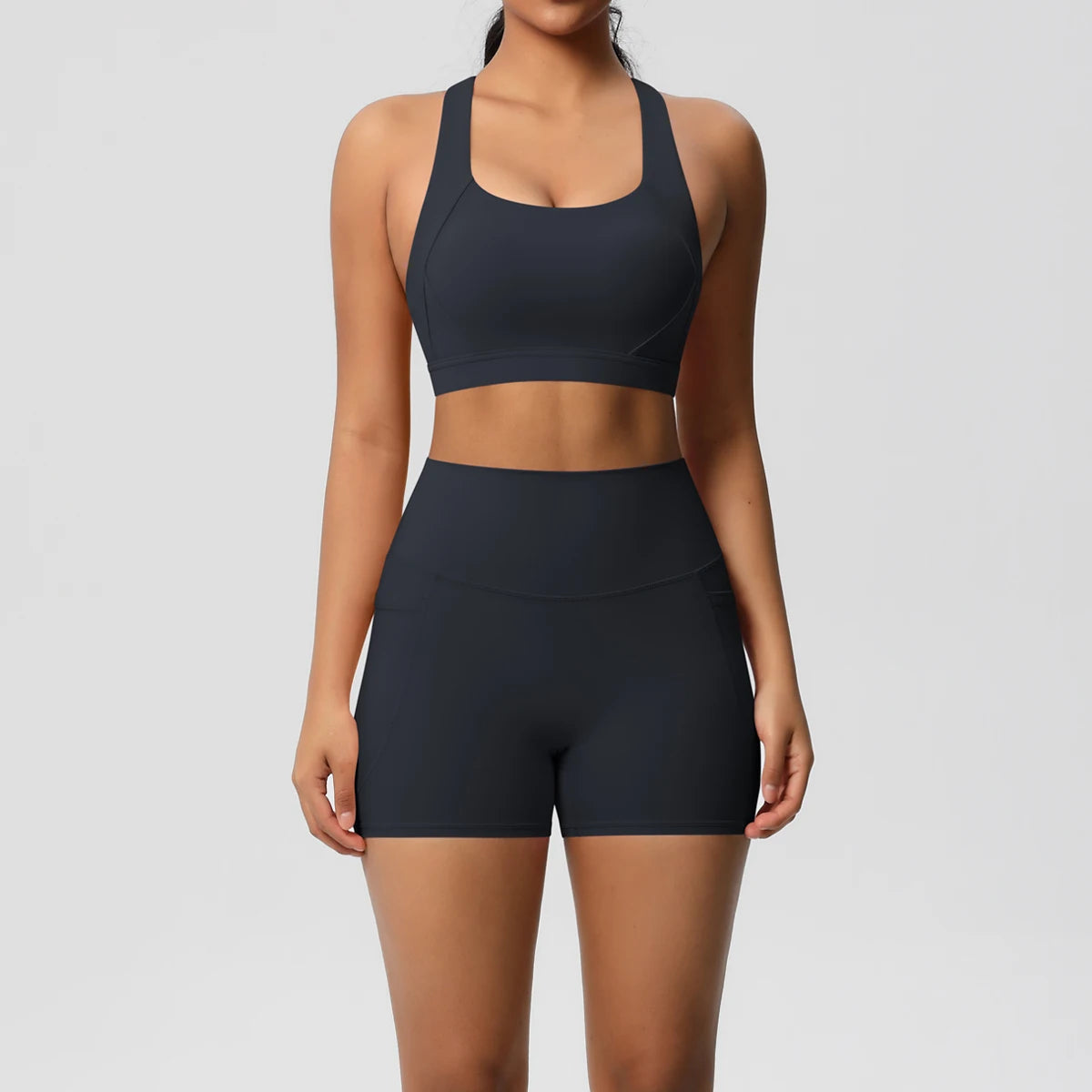 2PCS With Pocketed Set Gym Sports Shorts Crossover Bra Gym Leggings
