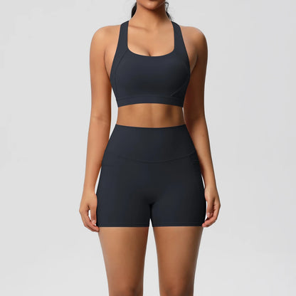 2PCS With Pocketed Set Gym Sports Shorts Crossover Bra Gym Leggings