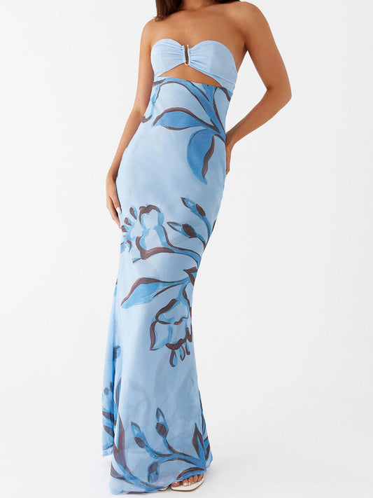 Elegant Maxi Dress with Off-Shoulder Design and Floral Print Stylish Backless Strapless Tube Dress f