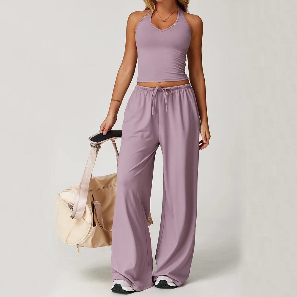 Yoga Clothes Set 2 Piece Gym Set Straight Draw String Pants Padded Sports Tank Top