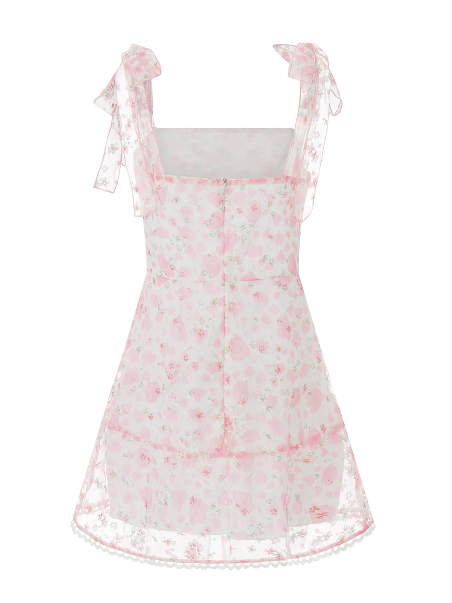 Casual Dress Floral Print Tie-Up Shoulder Strap Mini Dress Double Layer Backless