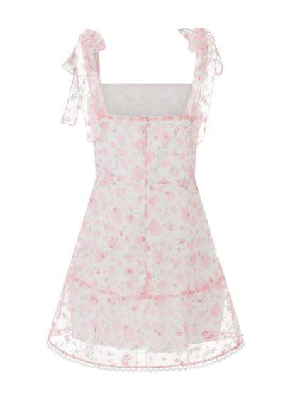 Casual Dress Floral Print Tie-Up Shoulder Strap Mini Dress Double Layer Backless