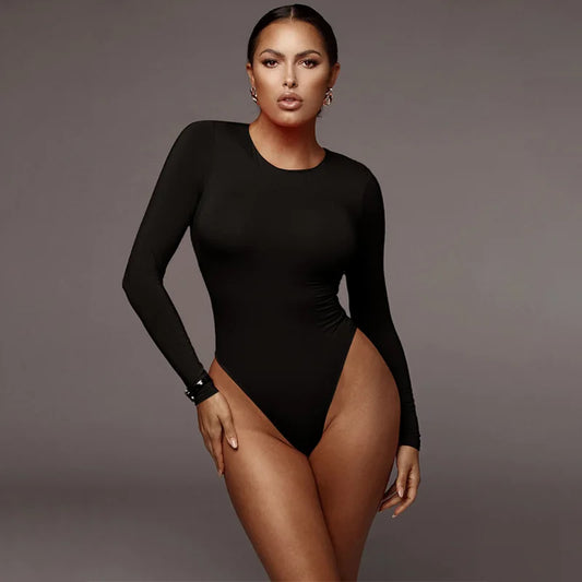O Neck Long Sleeve Solid White Sexy Bodysuit