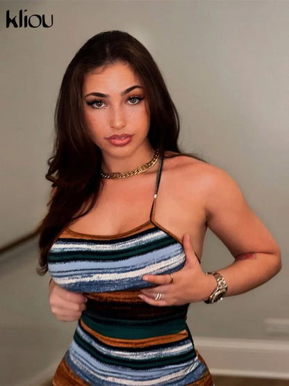 Striped Mini Dresses Aesthetic  Sexy Skinny Slash Neck Camisole Backless