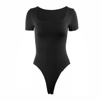 Short Sleeve Bodysuits  Square-Cut Collar Solid Bodycon