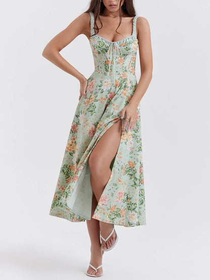 Floral Print Low-Cut Sleeveless Sling Sweet Dress