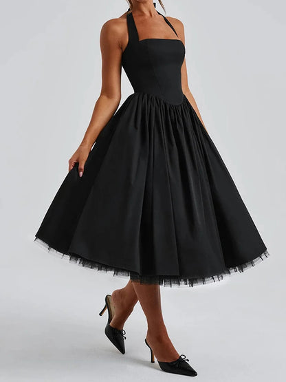 Sleeveless Midi Dress with Tie-up Halter Neck and Open Back