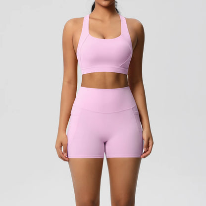 2PCS With Pocketed Set Gym Sports Shorts Crossover Bra Gym Leggings
