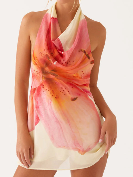 Elegant Floral Print Sleeveless Halter Neck Mini Dress