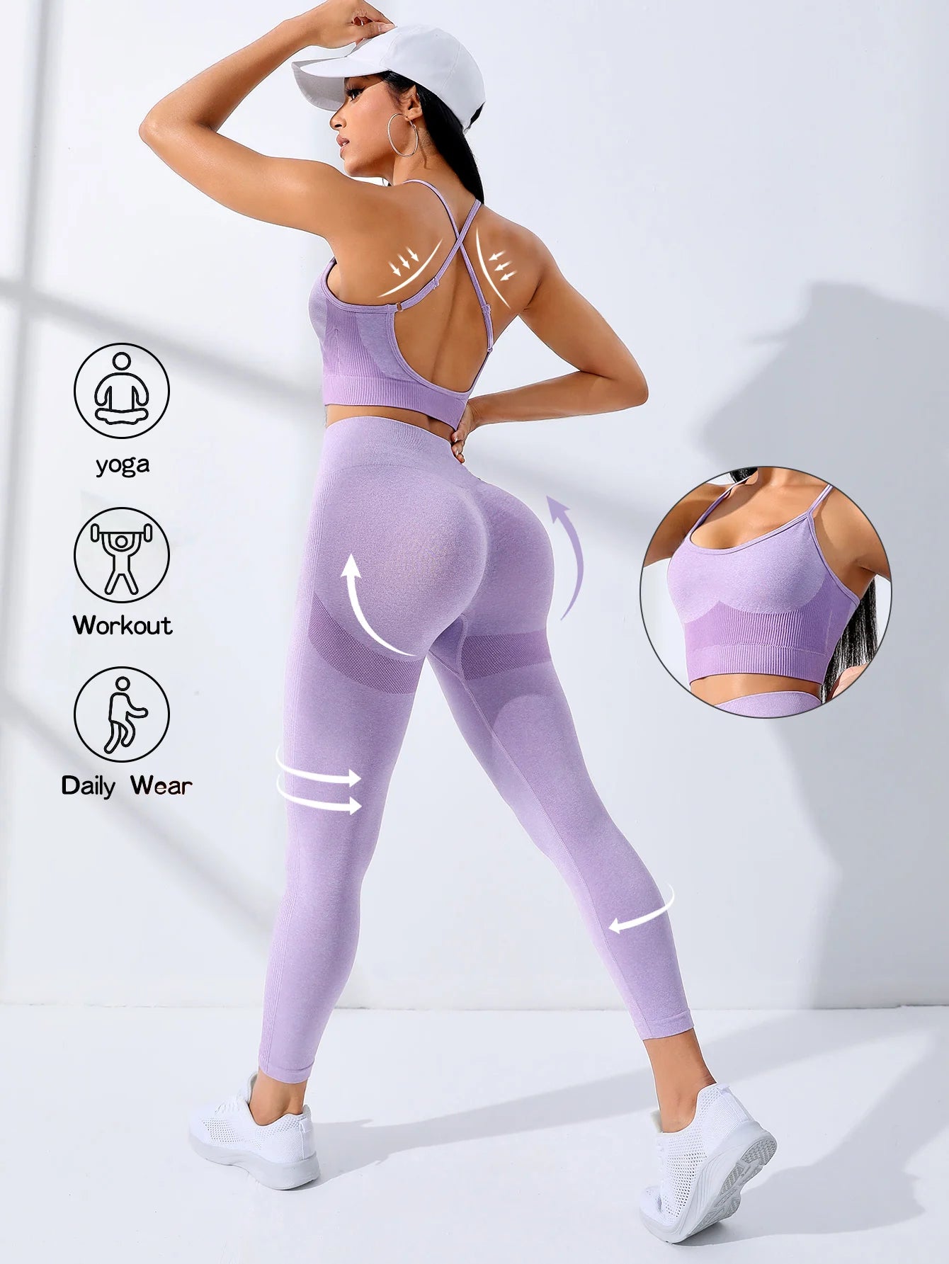 2/Pcs Seamless Workout Outfits Leggings And Thin Shoulder Strap Stretch Sports Bra