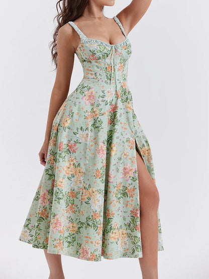 Floral Print Low-Cut Sleeveless Sling Sweet Dress