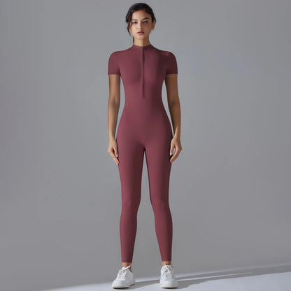 Yoga Set  Jumpsuits One-Piece Suit Zipper Short Sleeve