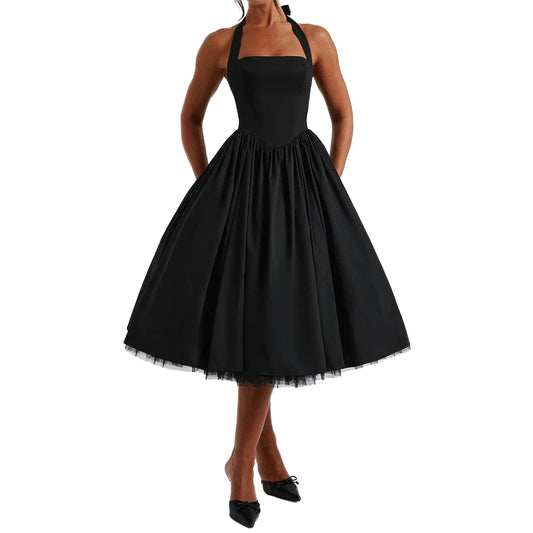 Sleeveless Midi Dress with Tie-up Halter Neck and Open Back