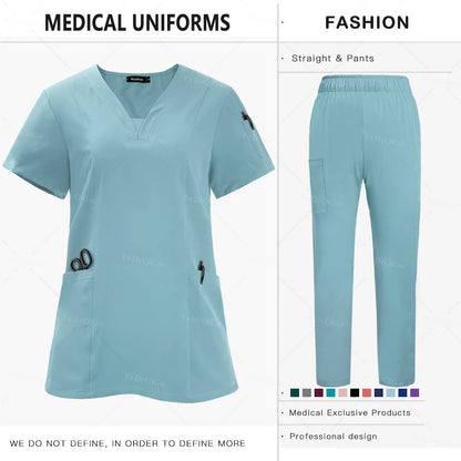 Anti-Wrinkle  Washable Medical Scrubs Sets Blouse Pockets Straight Pants
