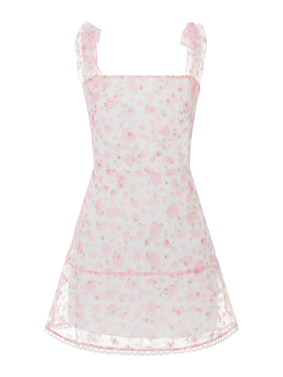 Casual Dress Floral Print Tie-Up Shoulder Strap Mini Dress Double Layer Backless