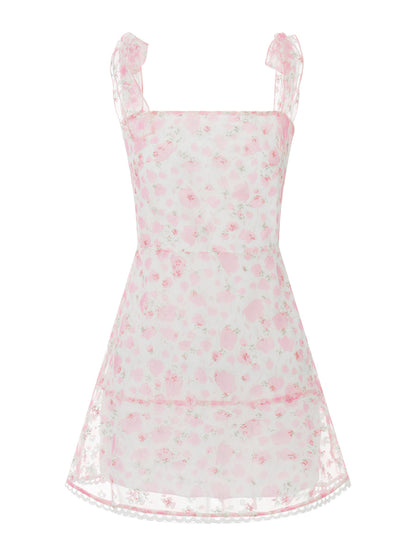 Casual Dress Floral Print Tie-Up Shoulder Strap Mini Dress Double Layer Backless