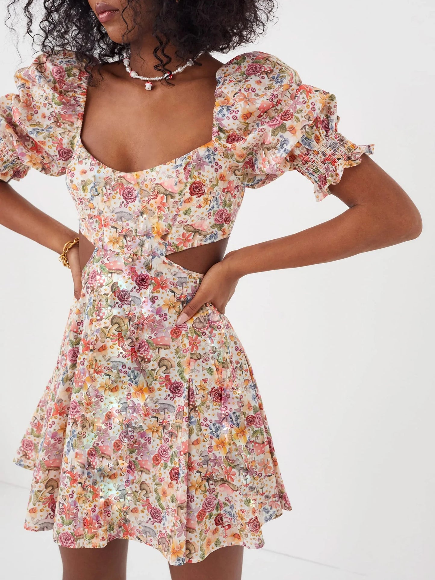 Floral Print Dress Short Puff  Square Neck Cutout Waist  Mini A-Line Dress