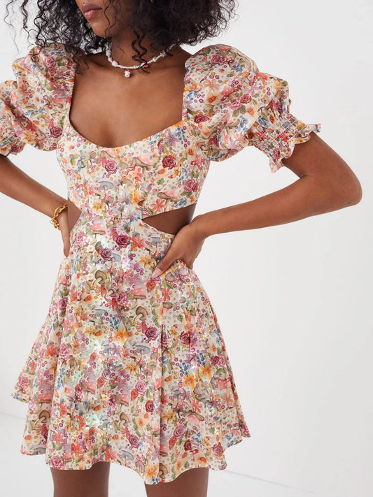 Floral Print Dress Short Puff  Square Neck Cutout Waist  Mini A-Line Dress