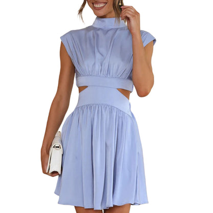 Summer Casual Dress Stand Collar  Cutout Pleated