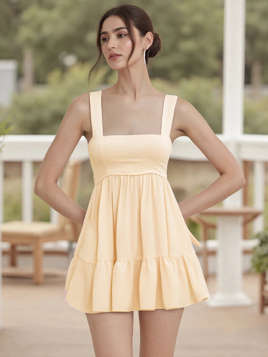 Sleeveless V-Neck Ruffle Tiered Mini Dress with Open Back and Pockets - Chic A-Line Summer Dress