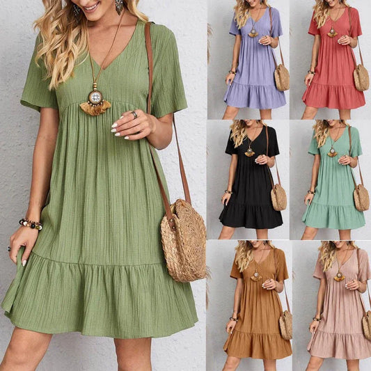 Loose V-neck Short Sleeved Pleated Women Dress