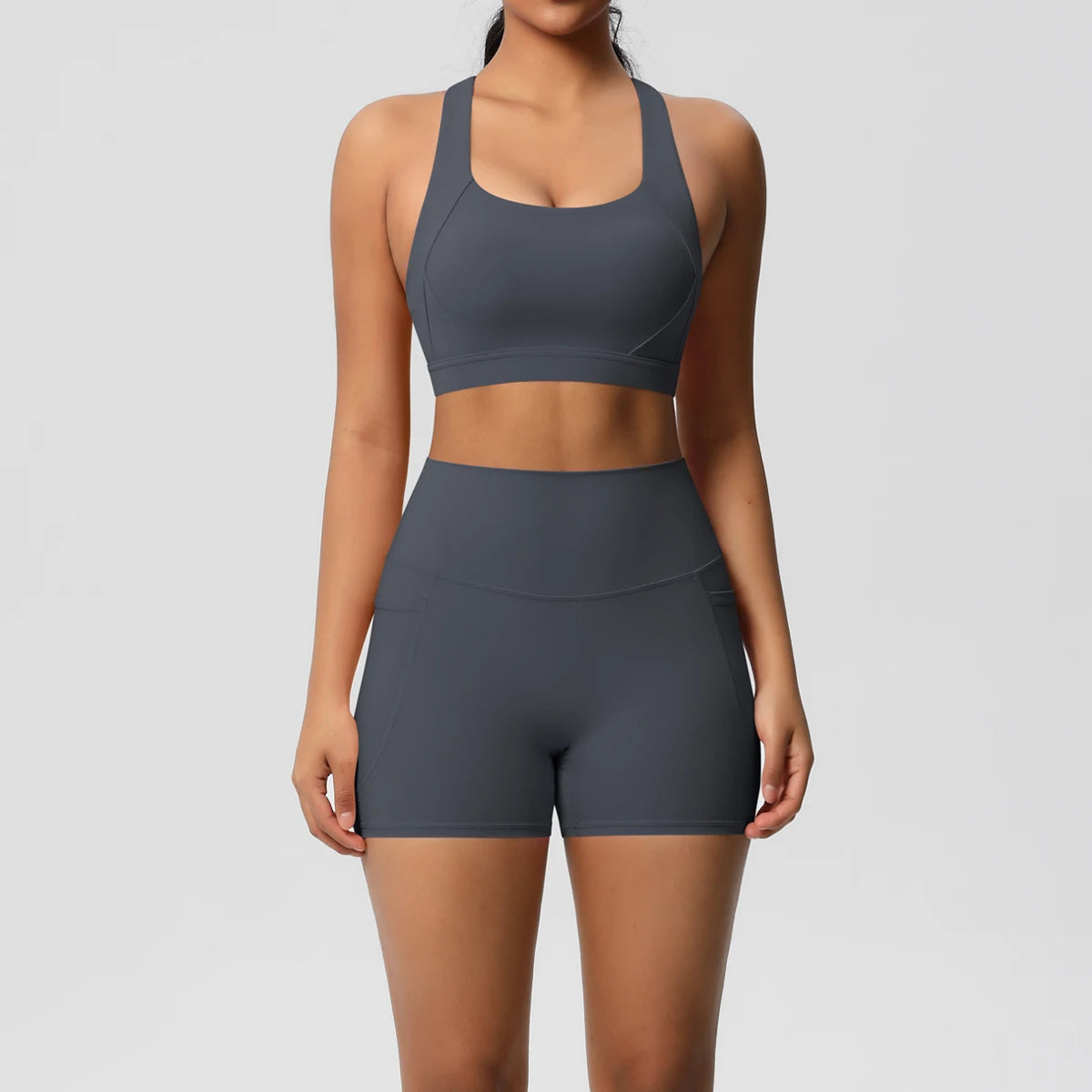 2PCS With Pocketed Set Gym Sports Shorts Crossover Bra Gym Leggings