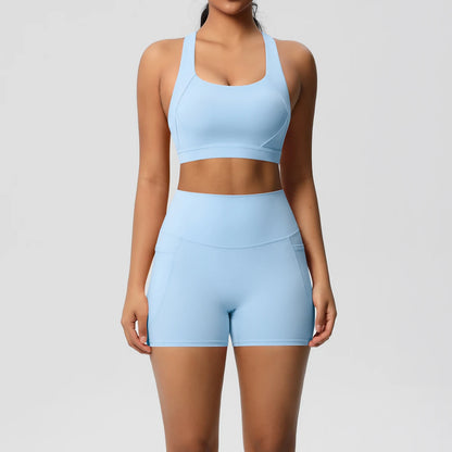 2PCS With Pocketed Set Gym Sports Shorts Crossover Bra Gym Leggings