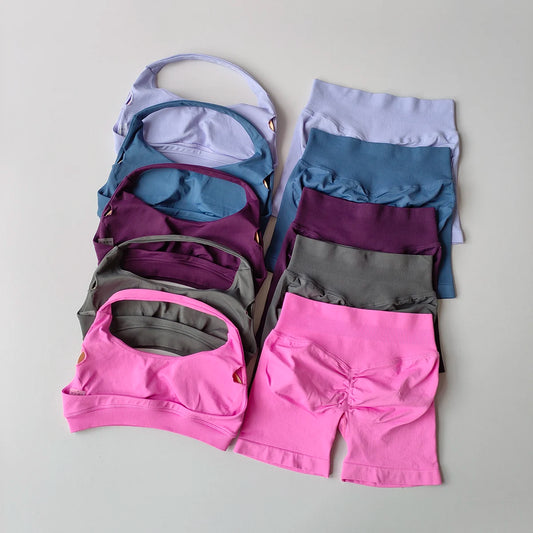 2 Pieces Yoga Suit Halter Sports Bra Matching Impact Shorts