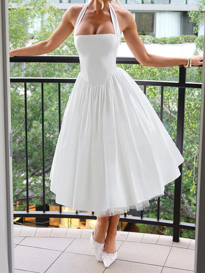 Sleeveless Midi Dress with Tie-up Halter Neck and Open Back