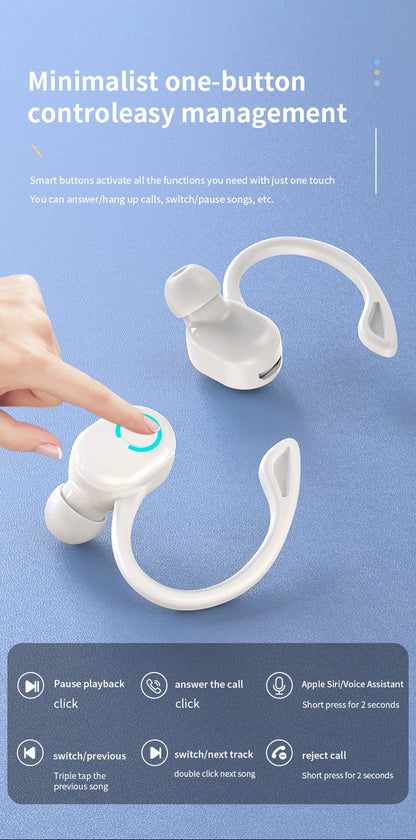 Wireless Bluetooth Earphones HIFI Bass With HD MIC Ear-Hook Earbuds Noise Cancelling Life Waterproof