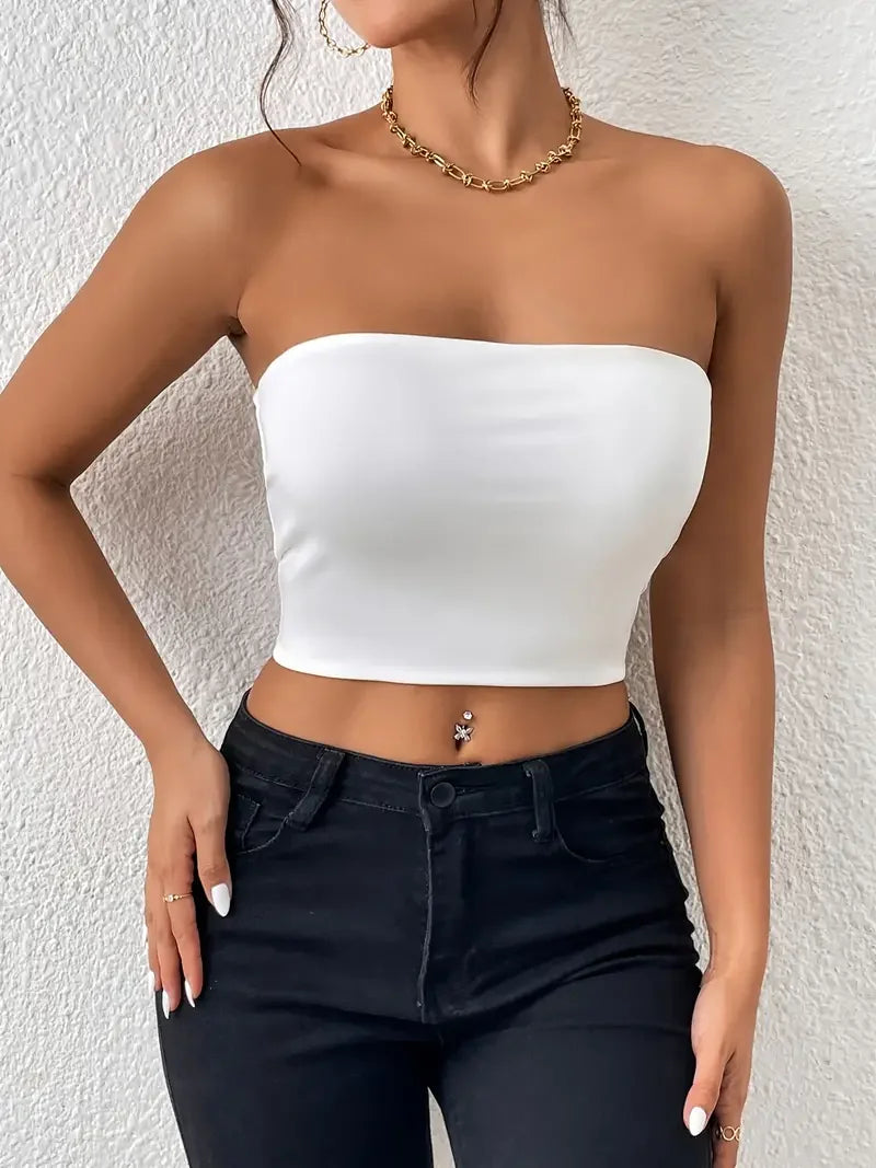 Sexy Bodycon Crop Tube Top, Solid Stretchy Tube Top,