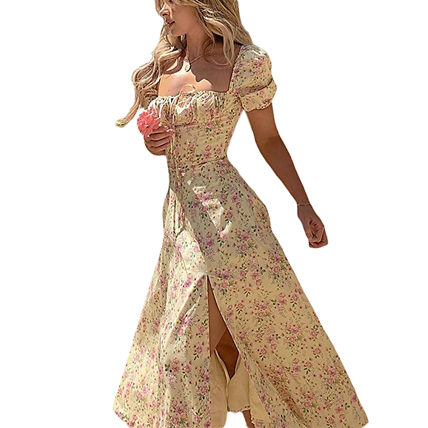 Maxi Dress with Puff Sleeves Lace-Up Detail Floral Print and High Side Split for a Stylish Look