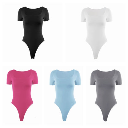 Short Sleeve Bodysuits  Square-Cut Collar Solid Bodycon