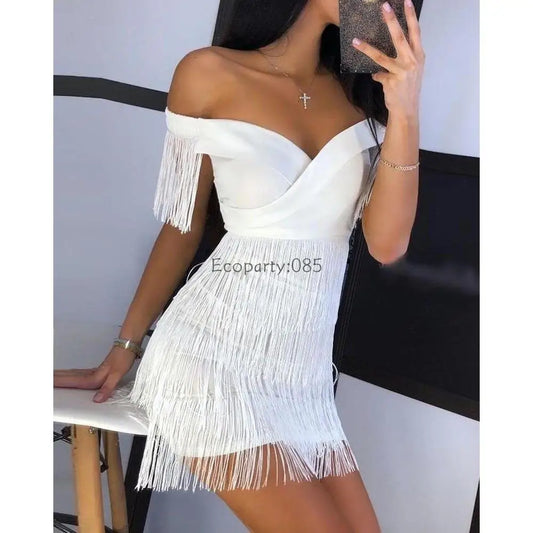 Evening Dresses Sexy Big V Neck One-shoulder Fringed Skirt